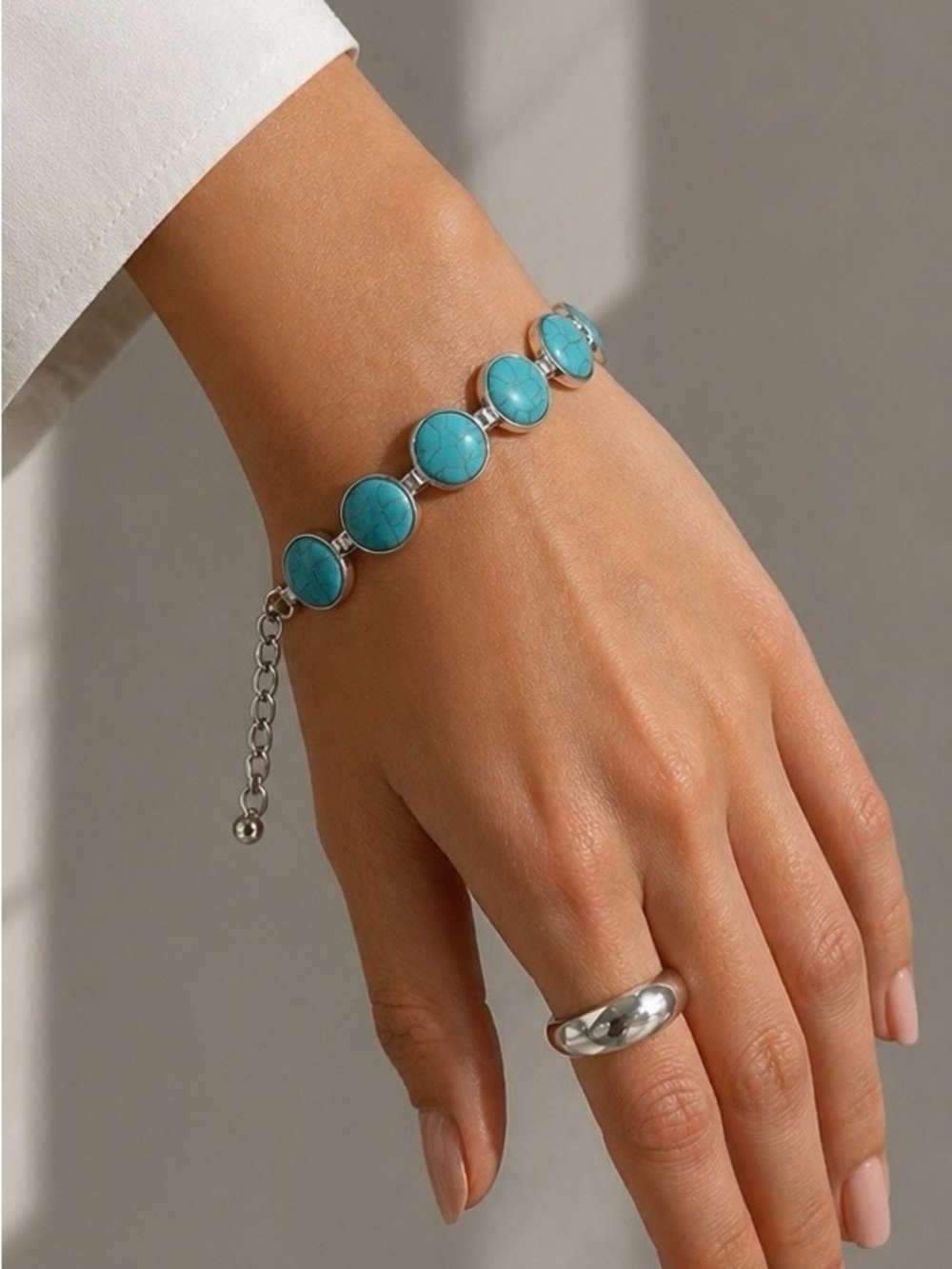 🌹✅Turquoise Bead Chain Bracelet - Blue Silver